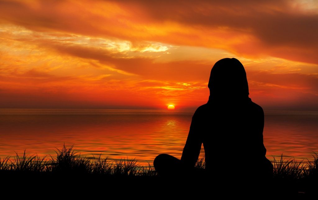 sunset, woman, silhouette